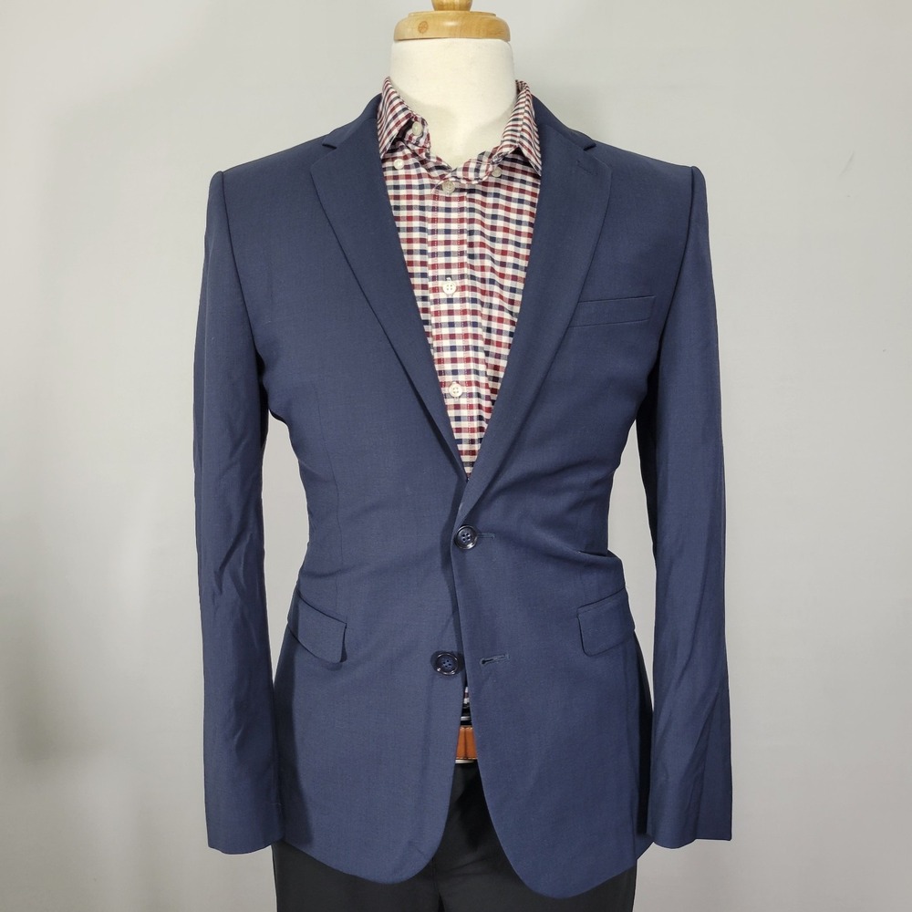 Express Men's Sport Coat Blazer Two Button Navy Blue Poly Wool 38R Extra Slim